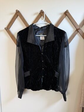 R&K Black Velvet Blouse with Sheer Sleeves